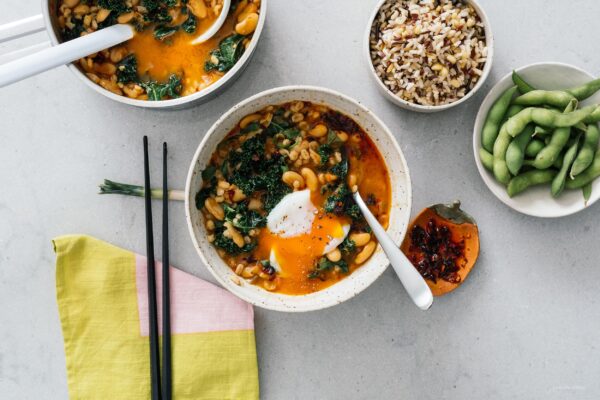 Spicy Chili Crisp White Bean and Barley Stew with Kale and Eggs | www.iamafoodblog.com